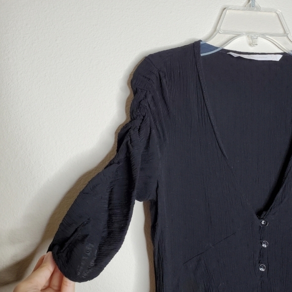 Zara Black V Neck Button Front Ruched Sleeved Top - Picture 6 of 8